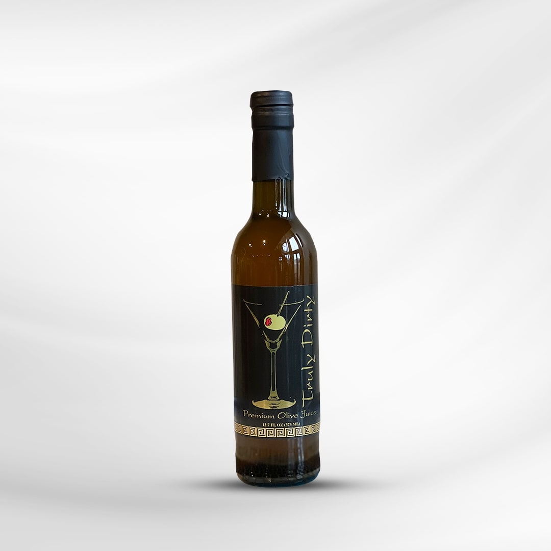 TG Premium Olive Juice bottle – best olive brine for martinis and dirty martinis.