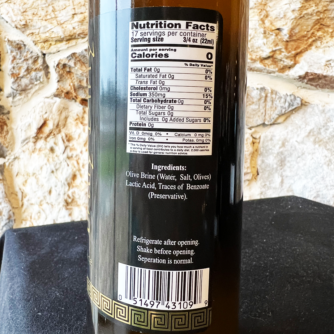 Nutritional facts of TG Premium Olive Juice – olive brine juice for martinis and cooking.