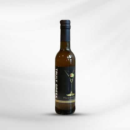 Back view of TG Premium Olive Juice bottle – premium olive brine for dirty martinis and recipes.